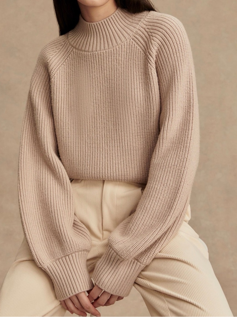 Varley x Anthro Martina High Neck Rib Knit Sweater in Cement - Beige Sz XS BNWT